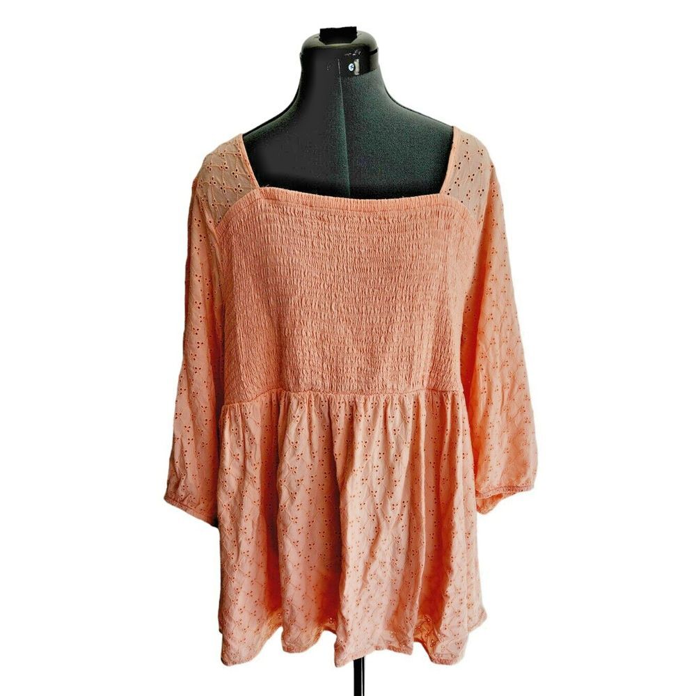 Torrid Women 4 Coral Pink Eyelet Embroidered Smocked Babydoll Blouse Top